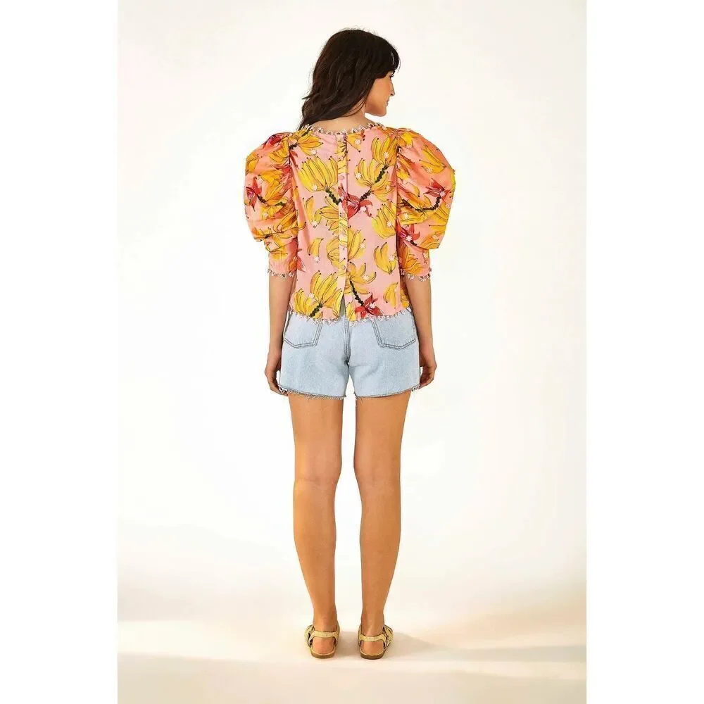 Anthropologie Farm Rio Banana Taste Applique Puff Sleeve Blouse Pink Small S NEW